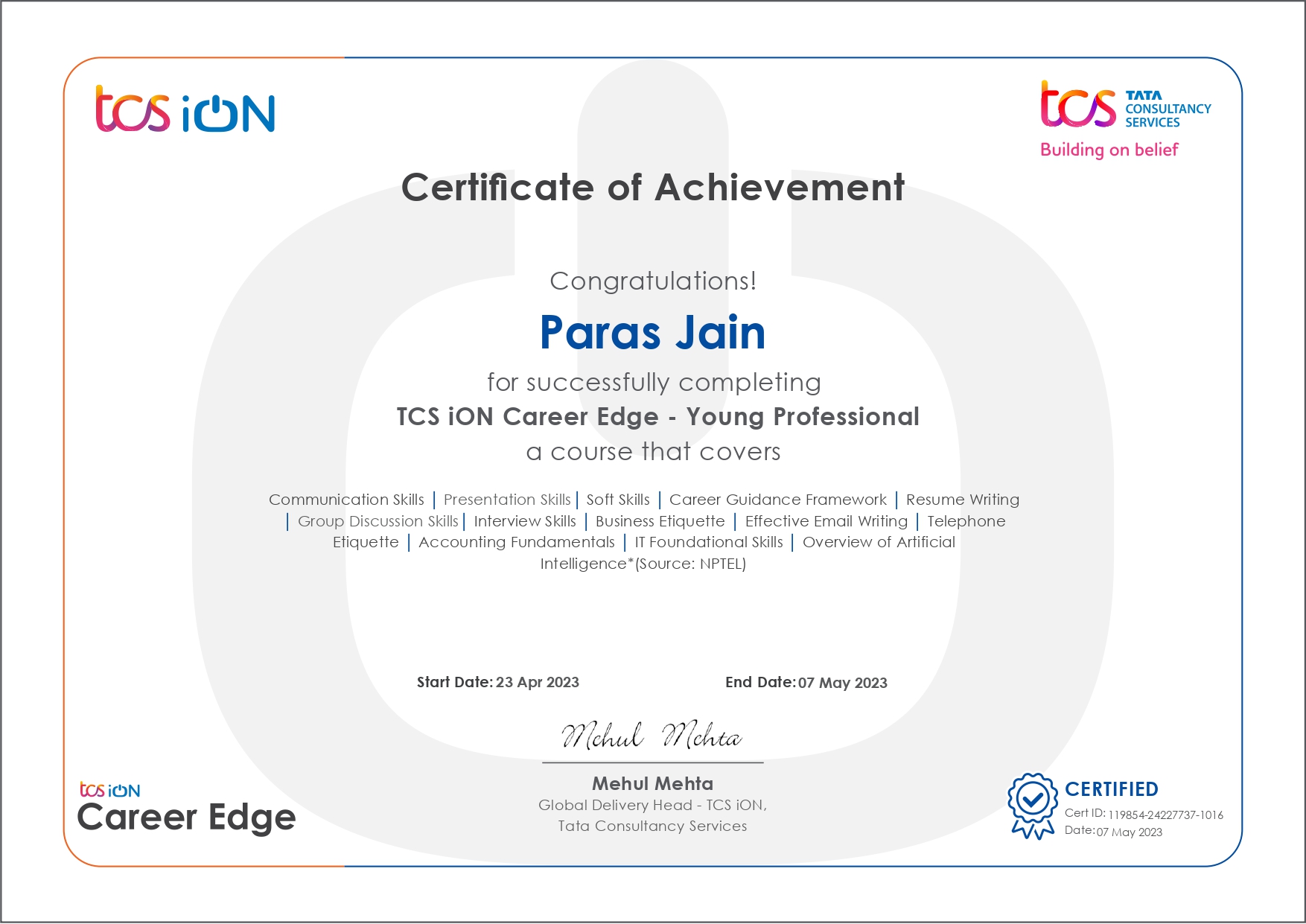Young Professional Batch Certificate
